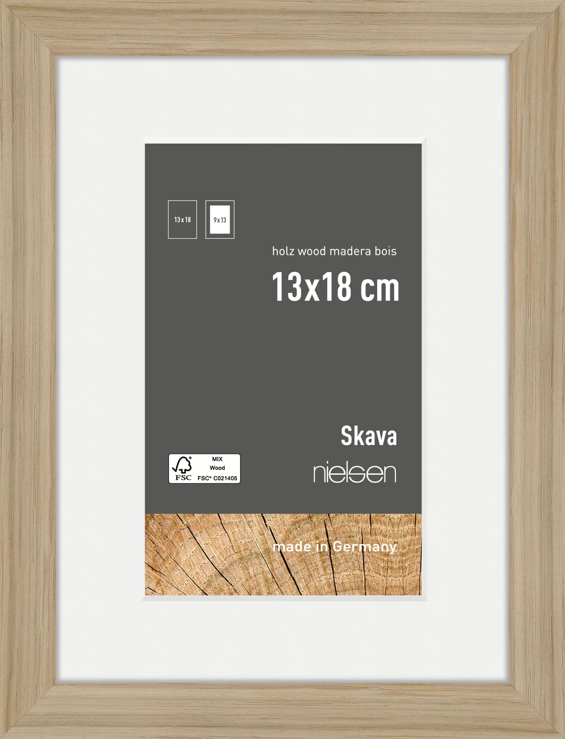 Holz Bilderrahmen Skava Eiche, 13,0 x 18,0cm - mit Passepartout 9x13cm